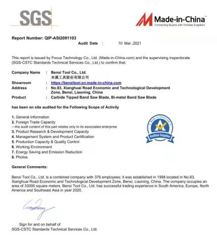 certificate certificate from Benxi Tool Co., Ltd.