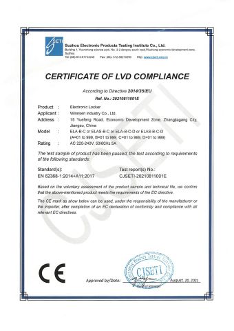 Electronic Locker CE LVD certificate from Winnsen Industry Co., Ltd.