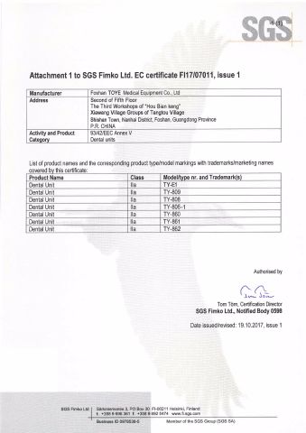 CE certificate from Foshan Toye Dental Equipment Co., Ltd.