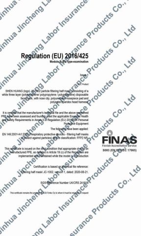 CE EN149:FFP2 JC-1002 certificate from Jinhua Toper Safety Equipment Co., Ltd.
