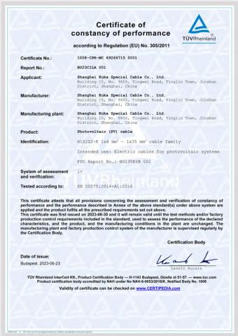 CPR certificate from Shanghai Kuka Special Cable Co., Ltd.