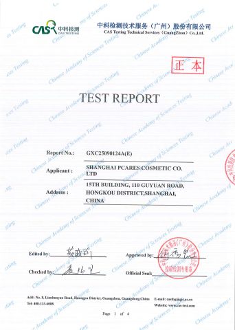 TEST REPORT certificate from Shanghai Pcares Cosmetic Co. Ltd