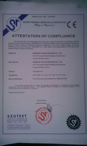 CE Certificates certificate of Zhejiang Youlian Machinery Manufacturing Co., Ltd. – certificate photo, supplier certificates section