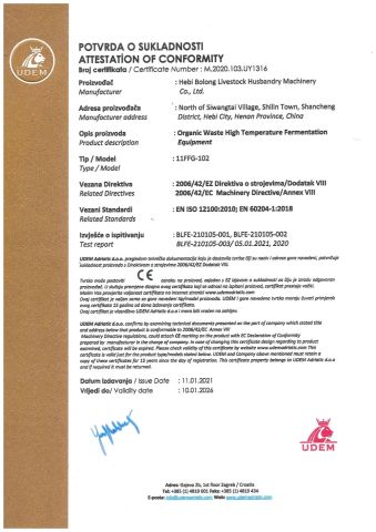 CE certificate from Hebi Bolong Livestock Husbandry Machinery Co., Ltd.