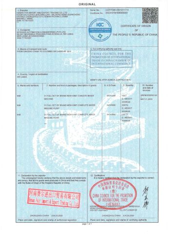 Certificate of origin certificate from HENAN FAIR IMPORT and EXPORT TRADING CO., LTD.