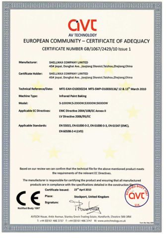 CE for INFRARED PAINT DRIER LAMPS certificate from Wenling Shellmax Equipment Manufacturing Co., Ltd.