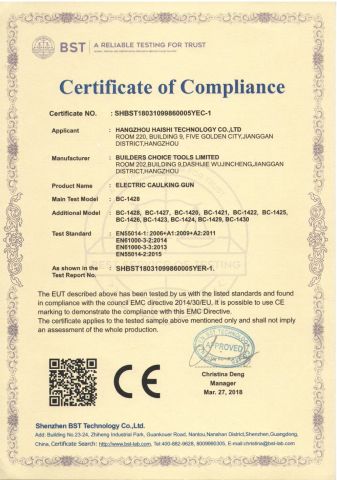CE Certificate of ELECTRIC CAULKING GUN certificate from Hangzhou Hachi Technology Co., Ltd.