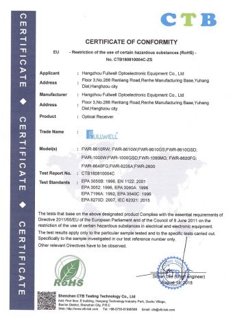 Optical Receiver RoHs certificate from Hangzhou Fullwell Optoelectronic Equipment Co., Ltd.