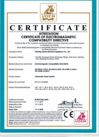 CE certificate from ZHEJIANG JIUBEN ELECTRIC APPLIANCE CO., LTD.
