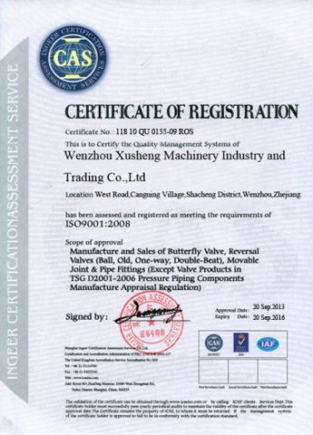 ISO9901-2008 Certificate of Registration certificate from Wenzhou Xusheng Machinery Industry and Trading Co., Ltd.