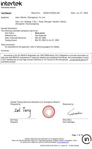 REACH certificate from Islow Electric (Zhongshan) Co., Ltd