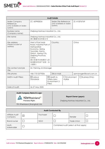 Sedex Members Ethical Trade Audit Report certificate from Zhejiang Hanhao Industrial Co., Ltd.
