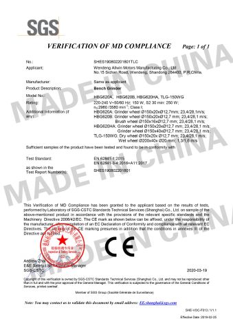 Machinery directive certificate of Weihai Allwin Electrical & Mechanical Tech Co., Ltd. – certificate photo, supplier certificates section