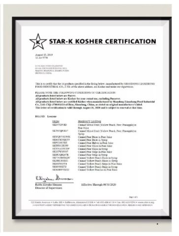 KOSHER certificate of Xiamen Long Xian Trade Co., Ltd. – certificate photo, supplier certificates section