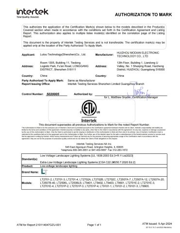 ETL for Aluminum Fixture certificate of Lutou Technology (Shenzhen) Co., Ltd. – certificate photo, supplier certificates section