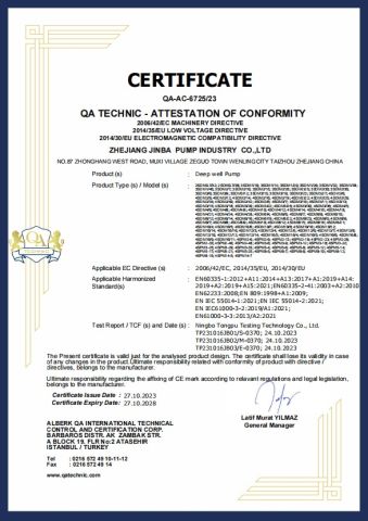 certificate certificate from Zhejiang Hans Pump Industry Co., Ltd.