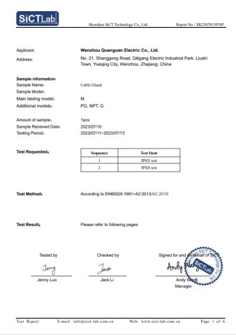 IP68 Test certificate from Wenzhou Quanguan Electric Co., Ltd.