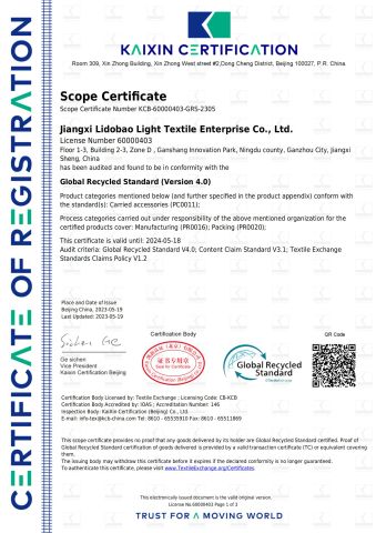 GRS certificate from Xiamen Chuanghuasheng Imp.& Exp.Co., Ltd.