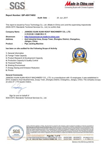 SGS certificate from JIANGSU XUAN XUAN HEAVY MACHINERY CO., LTD.