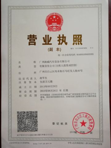 License certificate from Guangzhou Xiang Wei Automotive Equipment Co., Ltd.