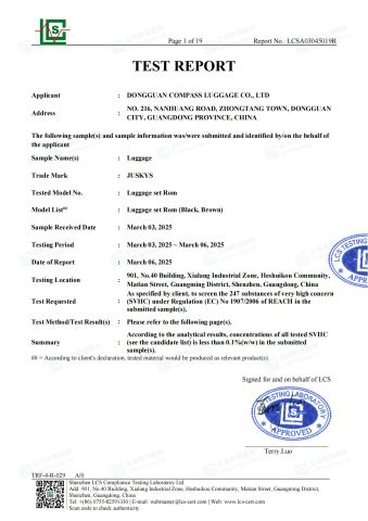 REACH test for European market certificate of Guangzhou Compass Luggage Bag and Leather Goods Co., Ltd. – certificate photo, supplier certificates section