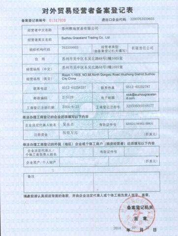 The registration of foreign trade operators table certificate from Suzhou Graceland Trading Co., Ltd.
