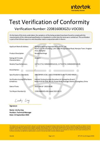 3.5 Hinge ANSI TEST REPORT certificate from Shanghai Housing International Trade Co., Ltd.