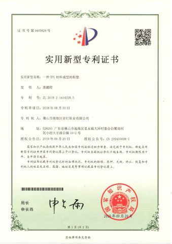 Soft and Comforable Insole in TPU material certificate from Foshan Nanhai Yahang Shoes Co., Ltd.