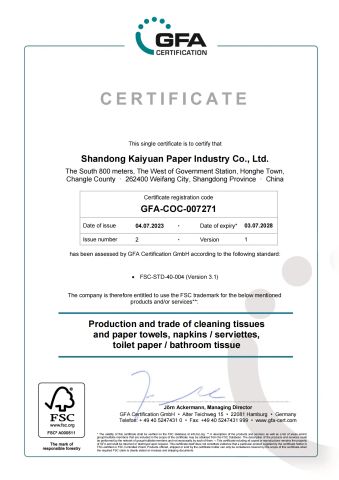 GFA CERTIFICATION certificate from Shandong Kaiyuan Paper Industry Co., Ltd.