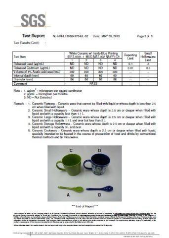 SGS certificate from Xiamen Yoyo Ceramic Trading Co., Ltd.