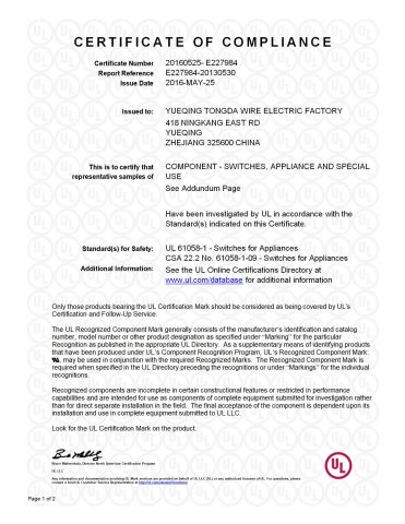UL certificate from YUEQING TONGDA WIRE ELECTRIC FACTORY