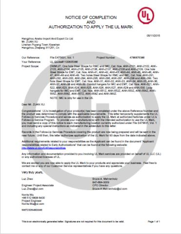 EMT and IMC STRAPS and CONDUIT HANGER certificate from HANGZHOU ANAKO IMPORT AND EXPORT CO., LTD.