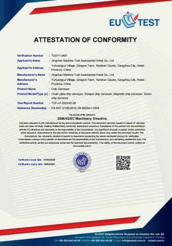 chip conveyor certification certificate from Jingzhan Machine Tool Accessories Hebei Co., Ltd.