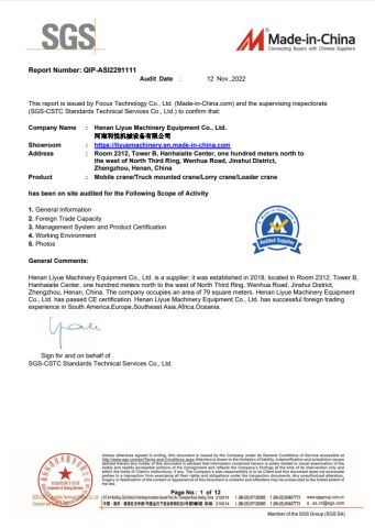SGS certificate from Henan Liyue Machinery Equipment Co., Ltd