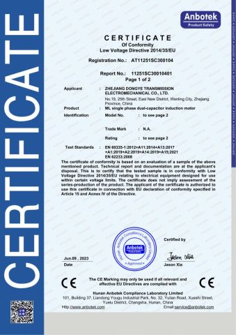 CE certifiate of Ml dual capacitor motor certificate from Zhejiang Dongye Transmission Electromechanical co.,Ltd