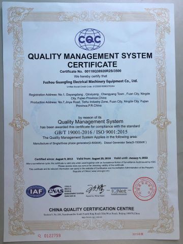 ISO certificate from Fuzhou Guangling Electrical Machinery Equipment Co., Ltd.
