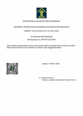 Company Legality certificate from PT. Bangun Agri Raidana 