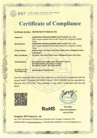 ROHS Certificate certificate from Hangzhou Paishun Rubber and Plastic Co., Ltd.
