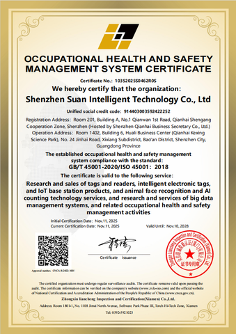 ISO45001: 2018 certificate from Shenzhen Suan Intelligent (Eartaghome) Technology Co.,Ltd