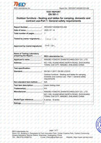 EN581 certificate from NINGBO YONGYE ZIHANTECHNOLOGY CO., LTD.