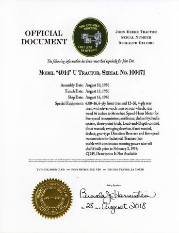 John Deere Tractor Certificate certificate from AGM Trading
