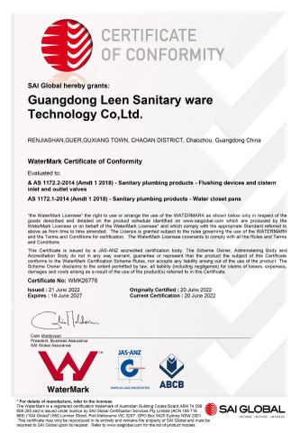 Watermark certificate from Guangdong Leen Sanitary Ware Technology Co., Ltd.