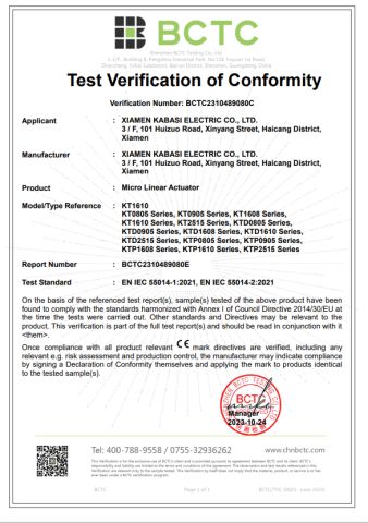 CE certificate of Xiamen Kabasi Electric Co., Ltd. – certificate photo, supplier certificates section