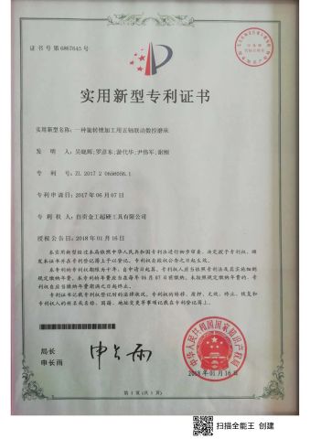 The utility model relates to a five-axis linkage CNC grinding machine for rotary file processing certificate from Chengdu Joint Carbide Co., Ltd.