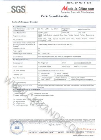 SGS Factory Audit Report 3 certificate from Foshan Casland Garments Co., Ltd.