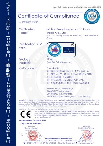 CECertificate of Hoist certificate from Wuhan Vohoboo Import and Export Trade Co., Ltd.