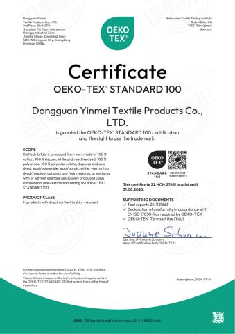 OEKO TEX certificate from Dongguan Yinmei Textile Products Co., Ltd