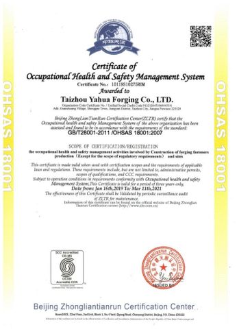 ISO18001:2015 HEALTH AND SAFETY MANAGEMENT SYSTEMS certificate from Taizhou Nexus Import and Export Co., Ltd.