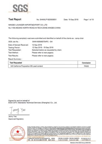 SGS TEST certificate from Ningbo Lounger Import & Export Co., Ltd.