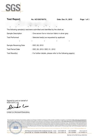 Flame retardant test certificate from Xiamen Crownway Apparel Co., Ltd.